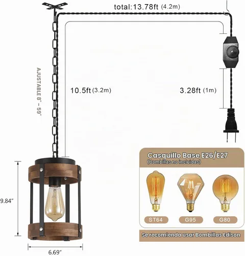 Vista 4 de Lámpara Colgante Rústica de Granja con Enchufe con Cadena Ajustable, Interruptor Regulable, Jaula de Tambor de Madera de Roble y Metal, Mini Lámpara