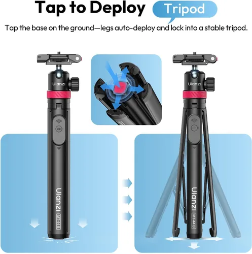 Vista 3 de ULANZI 0.01s Auto Pop - Trípode abierto para teléfono con control remoto, MT44B 59 pulgadas Selfie Stick trípode con doble montaje para teléfono