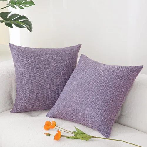 Vista 2 de Artcest Juego de 2 fundas de almohada de lino de arpillera para sofá, cama y sala de estar, 18 x 18 pulgadas (lavanda)