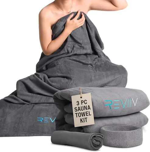 Vista 12 de Manta de inserción para sauna REVIIV - Juego de 2 toallas suaves de algodón negro a cuadros - Cómodas y fáciles sesiones en casa, limpieza mínima