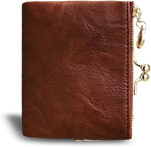 Vista 4 de AOXONEL Cartera pequeña Rfid para mujer, compacta, plegable, de cuero, vintage, con cremallera y cierre de beso, Vintage