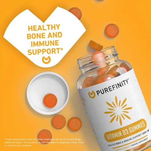 Vista 3 de PUREFINITY Gomitas de vitamina D3 de 5000 iu, tu suplemento diario de vitamina D para la salud ósea, la salud inmunológica y el apoyo muscular