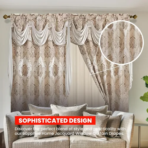 Vista 2 de Sapphire Home - Cortinas de jacquard de 84/63 pulgadas de longitud con cenefa adjunta + parte trasera transparente + 2 borlas, cortina tradicional