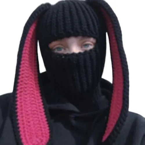 Vista 3 de Gorro de punto Y2k con cuerno de diablo y oreja de conejo largo, máscara de esquí, pasamontañas, accesorios para grunge