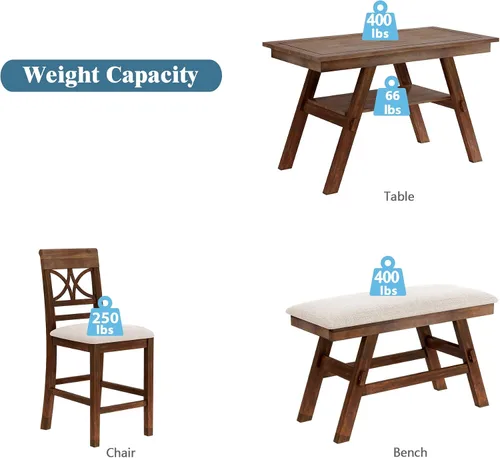 Vista 203 de Juego de mesa de comedor vintage de 6 piezas, juego de mesa de comedor de cocina de madera maciza con 4 sillas ergonómicas acolchadas y banco, mesa