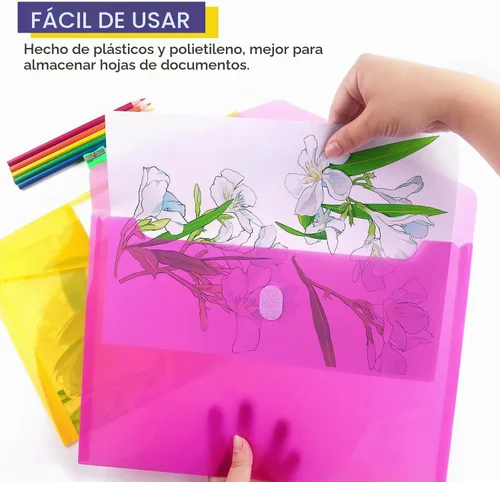 Vista 5 de Tamaki Paquete de 6 sobres de plástico, carpetas de documentos Paquete de 6 colores surtidos
