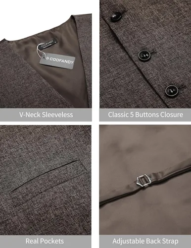 Vista 5 de COOFANDY Chaleco de traje casual para hombre, chaleco formal ajustado para negocios, chaleco de deshierbe