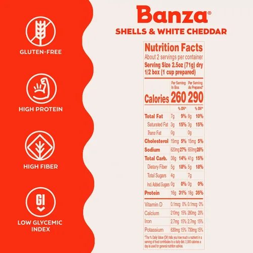 Vista 5 de Banza Shells & White Cheddar Mac and Cheese - Macarrones con queso alto en proteínas, sin gluten y bajo en carbohidratos, 5.5 onzas