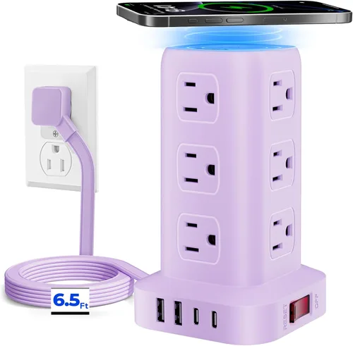 Vista 20 de Regleta de alimentación con 12 tomas, 4 USB (1 USB C), cable de extensión de 6.5 pies con múltiples tomas, estación de carga, torre de regleta