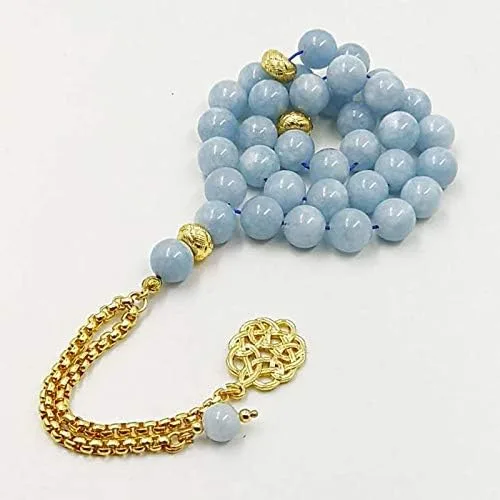 Vista 4 de ALBASHAN Pulsera Tasbih de piedra aguamarina natural para hombre, regalo islámico especial para musulmanes 33, 45, 66, 99, cuentas de oración