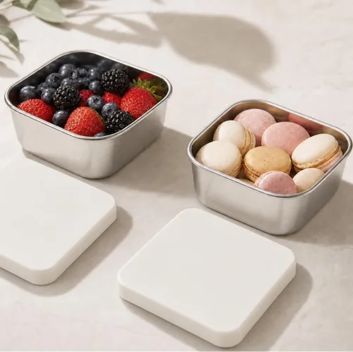 Vista 2 de Modaniam Flexibento - Juego de recipientes de acero inoxidable con tapas de silicona, paquete de 2 unidades de 14 onzas cada uno