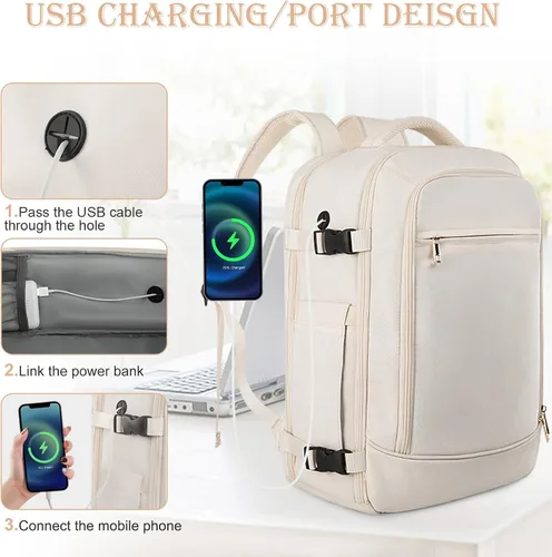 Vista 6 de Rinlist Mochila de viaje grande para hombres y mujeres, mochila de transporte aprobada por la aerolínea TSA, mochila de transporte informal de 40 L
