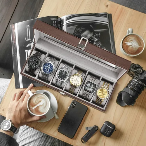 Vista 7 de ProCase Caja de reloj con 6 ranuras para hombre, organizador de relojes de piel sintética, cajas de almacenamiento con tapa de cristal de cristal