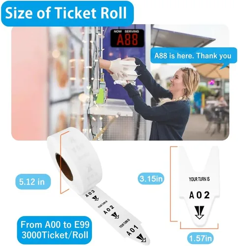 Vista 3 de Tickets Take-a-Number para clientes que esperan – 1 rollo, A00-E99, 3000 boletos – Rollo de número de cola para mostrador de delicatessen, comida
