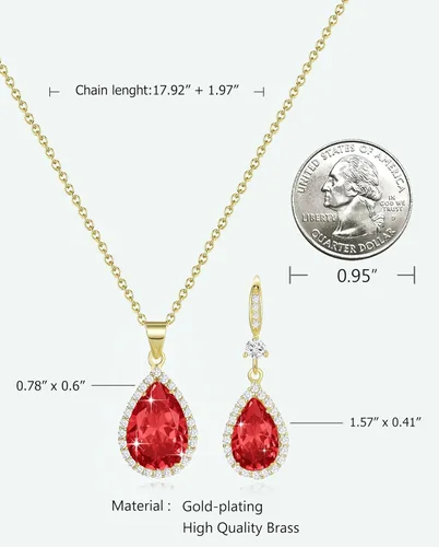Vista 3 de Juego de joyas para mujer, collar con colgante de lágrima chapado en plataoro, aretes colgantes, juegos de piedras natales, diamantes de imitación
