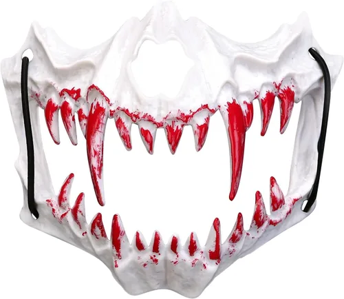 Vista 9 de Aroncent Máscara de media cara de calavera de Halloween con colmillos sangrientos: accesorio de disfraz de mandíbula de esqueleto aterrador