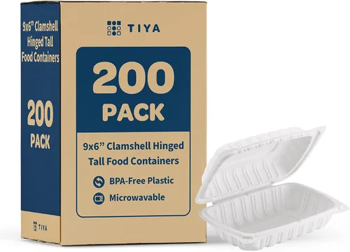 Vista 11 de TIYA - Recipientes de comida Clamshell color blanco, paquete de 150 unidades, 8 x 8 pulgadas, recipientes para llevar, plástico para microondas