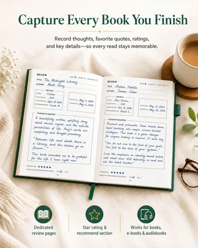 Vista 3 de JXSELECT Diario de Lectura Elegante - Registro de 60 Reseñas de Libros con Soporte para Bolígrafo y Bolsillo Trasero - Rastrea tu Progreso