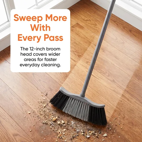 Vista 7 de Superio Escoba gris, escoba resistente para interiores y exteriores con mango de 48 pulgadas, limpieza de suelos multisuperficie para el hogar Gris