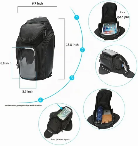Vista 4 de Bolsa universal impermeable para tanque de motocicleta, cuenta con una ventanilla transparente y fuertes imanes para adherirse al tanque de su