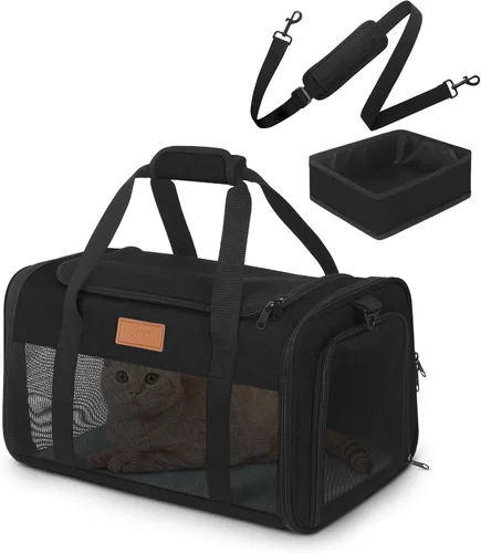 Vista 12 de PETUX - Transportador de mascotas aprobado por aerolíneas para gatos pequeños de hasta 12 libras, color negro 17x11x9.5 in, Underseat, Top & Side