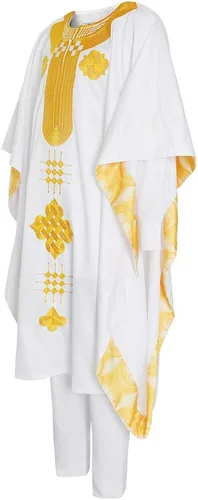 Vista 2 de HD Ropa Africana para Hombre Agbada con Bordado, Conjunto de Camiseta y Pantalón Dashiki 3 Piezas Blanco-g
