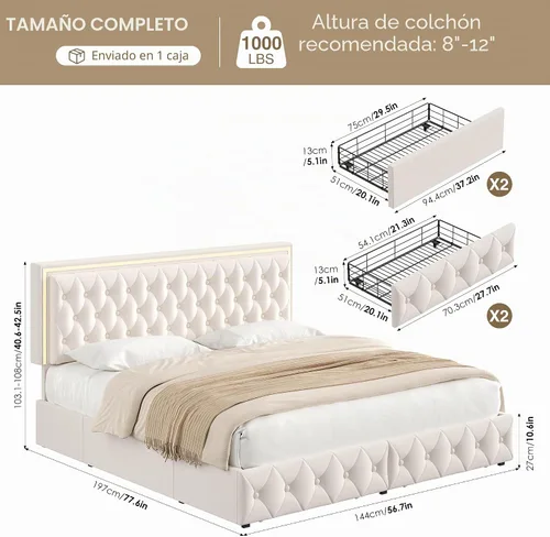 Vista 2 de Keyluv - Base de cama tapizada completa con LED, con 4 cajones, cama de plataforma de terciopelo con cabecera ajustable tapizada con botones