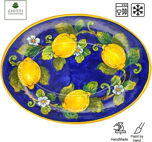 Vista 4 de Plato de cerámica ovalado grande para cocina - Vajilla italiana para servir carne - Bandeja para servir limones en azul - Tazón de cerámica toscana