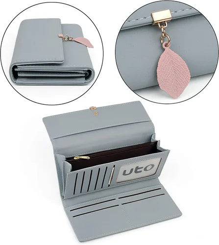 Vista 104 de UTO - Cartera pequeña RFID de piel sintética con dije de hoja, cierre de cremallera y tarjetero.