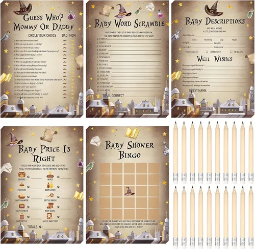 Vista 13 de Yinder 145 tarjetas de actividades para juegos de baby shower con 20 lápices, incluye descripción de bingo para bebés y deseos, adivina quién es