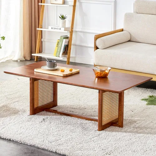 Vista 13 de TesNus Mesa de centro de madera maciza, moderna mesa de centro de ratán con estante de almacenamiento de 2 niveles, mesa de centro rectangular
