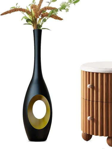 Vista 11 de Jarrón de piso negro de 60 cm – Cuerpo ovalado en forma de dona con cuello delgado de 7,6 cm, jarrones decorativos altos modernos para sala