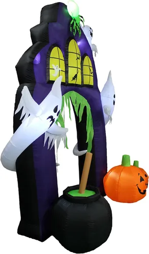 Vista 4 de Arco de castillo inflable de Halloween de 9 pies de alto Caldero de fantasmas de araña, calabazas y luces LED, para interiores y exteriores