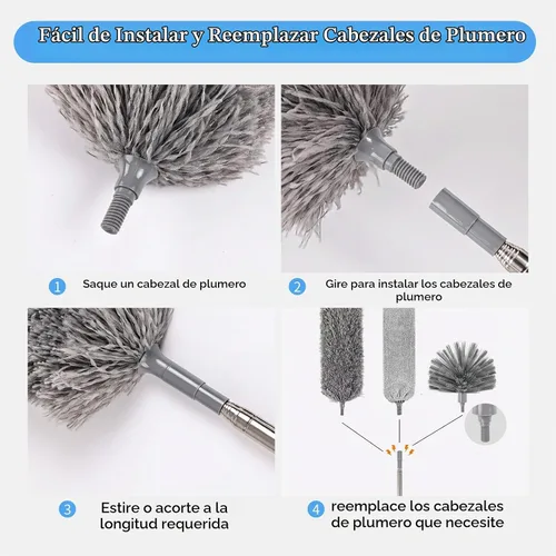 Vista 7 de Plumero de telaraña con poste de extensión, limpiador de plumas de microfibra lavable 5 en 1 kit con 3 cabezales de plumero, plumero largo