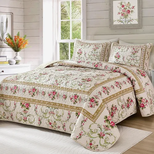 Vista 9 de Anibedding Juego de Edredón Floral Tamaño Queen, Edredones Colcha con Patrón de Flores Marrones Retro, Cubierta de Cama Ligera de Microfibra Suave