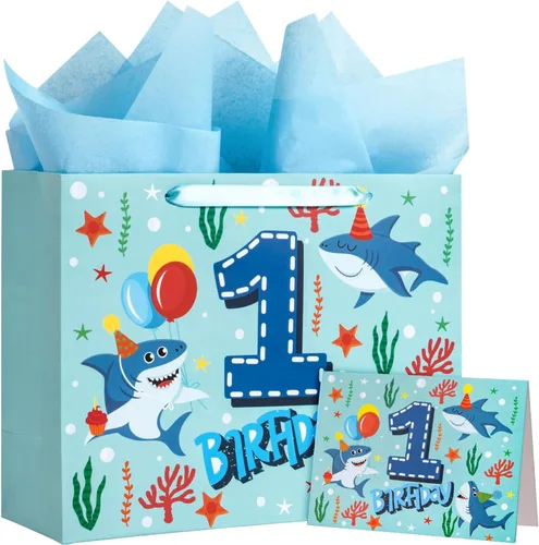 Vista 17 de WRAPAHOLIC Bolsa de regalo grande de 13 pulgadas con tarjeta y papel de seda, adorable bolsa de regalo de elefante para bebé, baby shower, fiesta