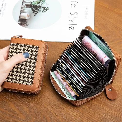 Vista 3 de Tarjetero de tarjetas de crédito con cremallera para mujer bloqueo RFID fundas para tarjetas de visita para mujer marrón