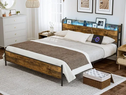 Vista 9 de IKIFLY Base de cama tamaño King con cabecera de estante de almacenamiento y Marrón rústico