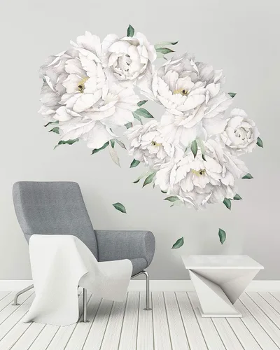 Vista 2 de Pegatinas de pared de peonía blanca, calcomanías florales para cocina Bethroom