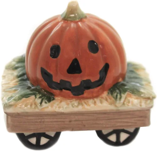 Vista 2 de Bonito disfraz de casper de cerámica fina para Halloween con vagón de calabaza, salero y pimentero, 3-1/4 pulgadas de alto