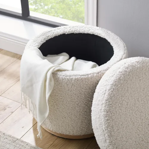 Vista 6 de Otomano Linon Home Décor con base de madera redonda y funda de sherpa color crema Lexington (AMZN2305)