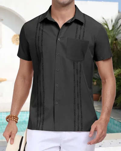 Vista 5 de Camisa de campamento cubano de manga corta para hombre, casual, verano, playa, con botones, guayabera