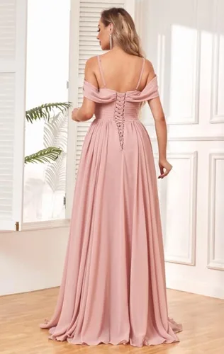 Vista 2 de BOLENSYE Vestidos de dama de honor con hombros descubiertos y bolsillos, vestido de noche formal con abertura larga de gasa fruncida
