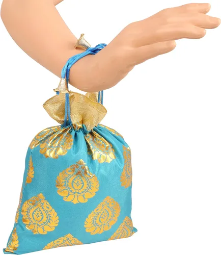 Vista 5 de Touchstone Bolsas de cordón tradicionales indias hechas a mano en tejido brocado con patrón de hojas de ficus. Perfecto para regalos, joyas, bodas