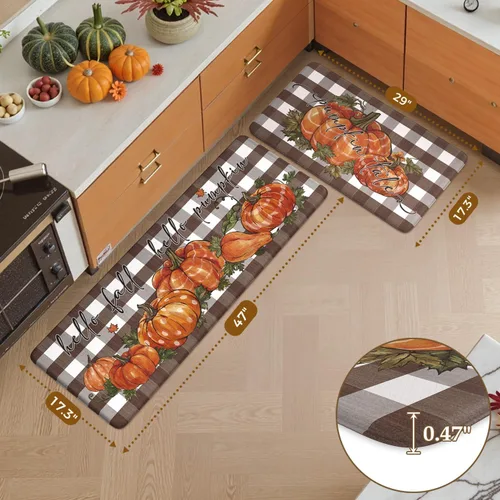 Vista 2 de KIMODE Tapetes Antifatiga para Piso de Cocina 17"x47"+17"x29", Juego de 2 Alfombras de Cocina a Cuadros Marrón y Blanco, Tapete de Cocina