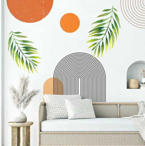 Vista 8 de Calcomanías de Pared Bohemias de Mediados de Siglo Modernas Despegar y Pegar, Pegatinas de Vinilo de Pared de Arcos Grandes Sol, Hojas Plantas