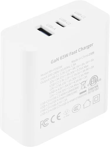 Vista 2 de Bloque de cargador USB C de 65 W, bloque de carga rápida de 3 puertos GaN de 65 W, cargador de pared rápido tipo C, compatible con todas