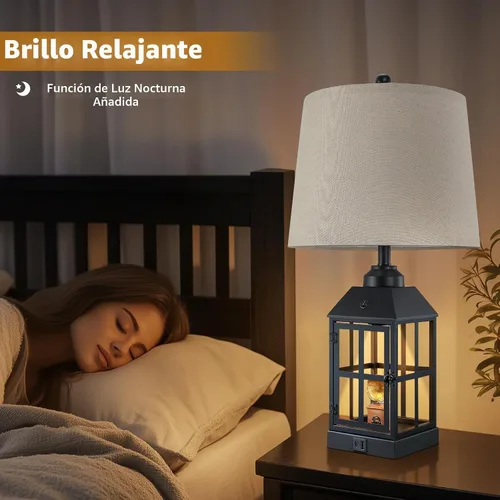 Vista 4 de Lámparas de mesa estilo granja de 25" para sala de estar, juego de 2 lámparas negras con puerto USB y luz nocturna, lámpara de mesa rústica