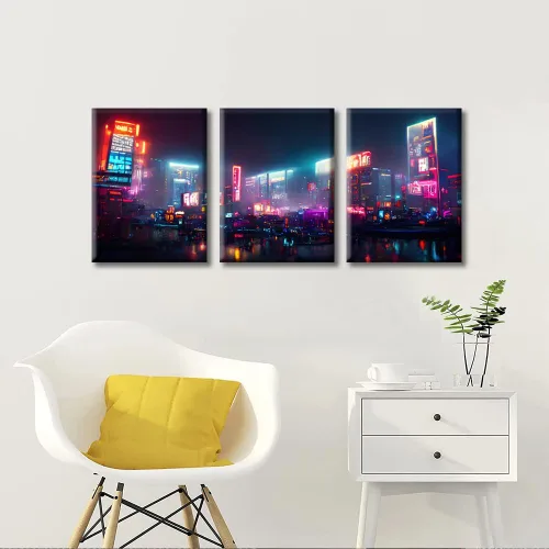 Vista 4 de Lienzo decorativo para pared de sala de estar, lienzo Cyberpunk, decoración de pared de 3 paneles, decoración de pared para el hogar, dormitorio