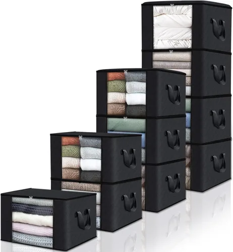 Vista 52 de Fab totes Paquete de 3 bolsas de almacenamiento plegables de tela gruesa, contenedores para organizar dormitorio, armario, ropa, edredón, Beige